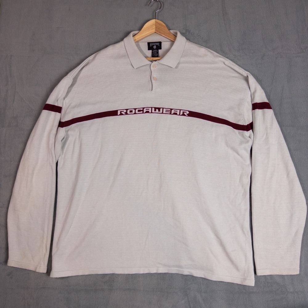 Rocawear Polo Sweater Mens XXXL Grey Burgundy Stripe Long Sleeve Good Streetwear